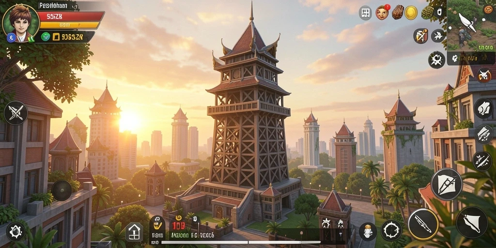 Tampilan gameplay menara dengan pertanggungan strategis.