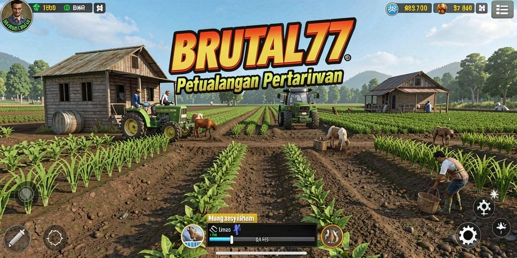 Tampilan gameplay BRUTAL77 dengan petani sedang merawat ladang.
