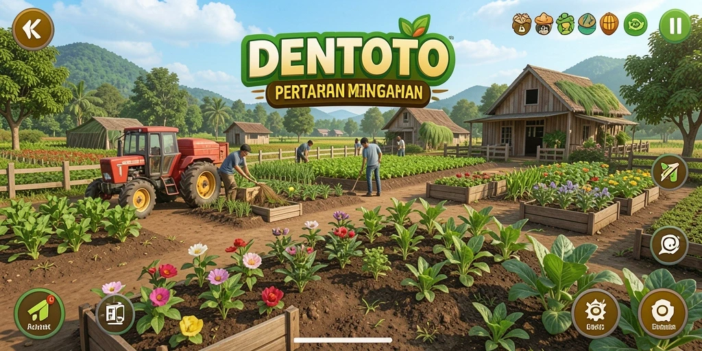 Screenshot gameplay DENTOTO dengan suasana pertanian yang indah.