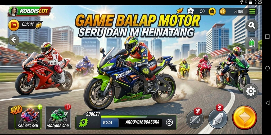 Screenshot gameplay KOBOISLOT menampilkan balapan motor yang mendebarkan dan adrenalina tinggi.
