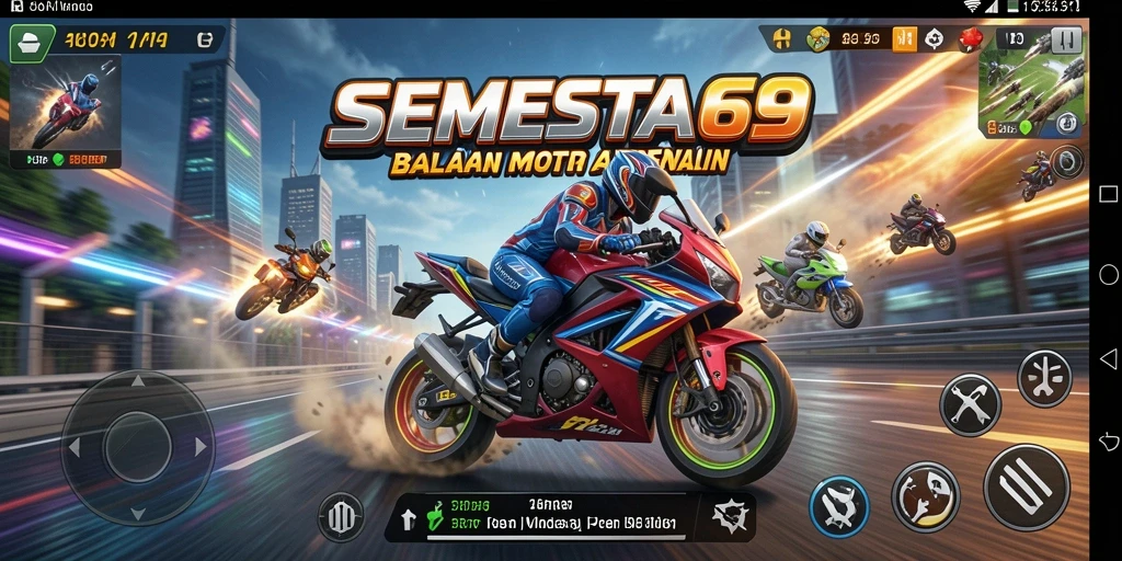 Tampilan gameplay menegangkan dalam SEMESTA69, balapan motor yang seru.